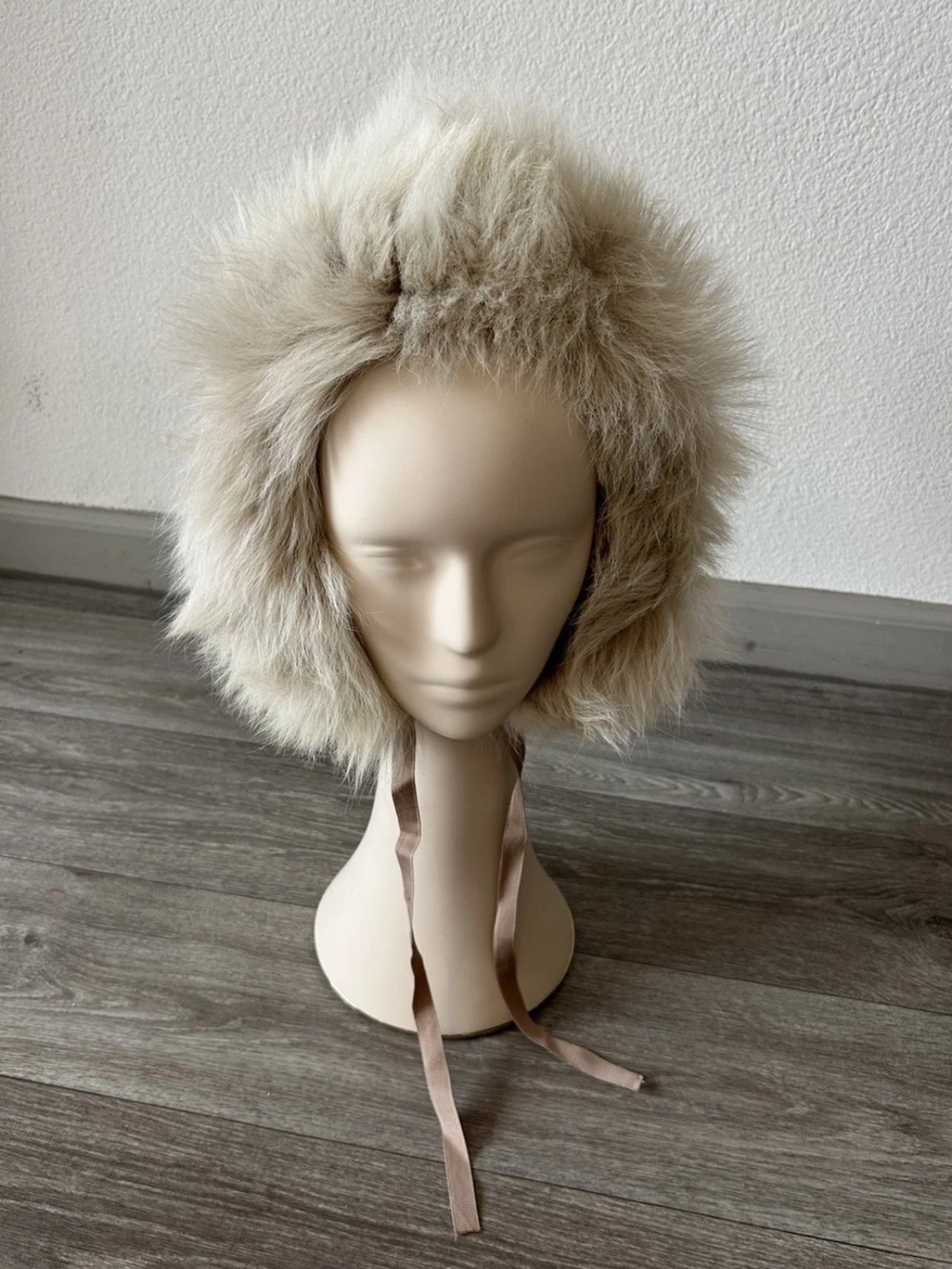 Vintage Faux Fur Earflap Hat in Beige and Taupe